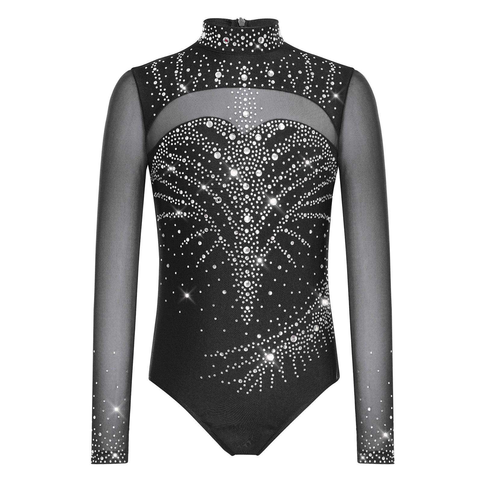 Dívčí trikot s rolákem a dlouhým rukávem, síťované díly, třpytivé kamínky, skrytý zip na zádech, gymnastický body 15-16 Years