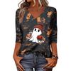 Women's Casual V-Neck Three-Quarter Sleeve Top with Halloween Print