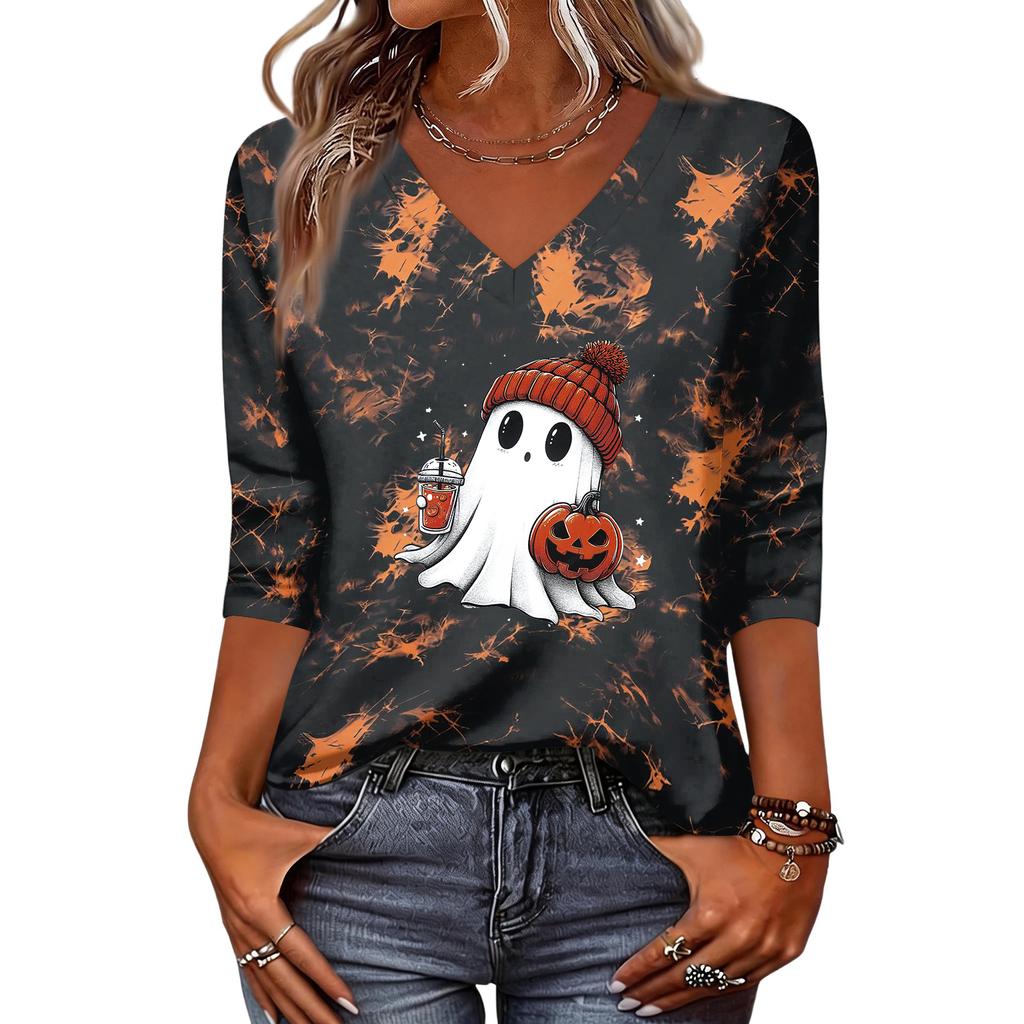 Women's Casual V-Neck Three-Quarter Sleeve Top with Halloween Print