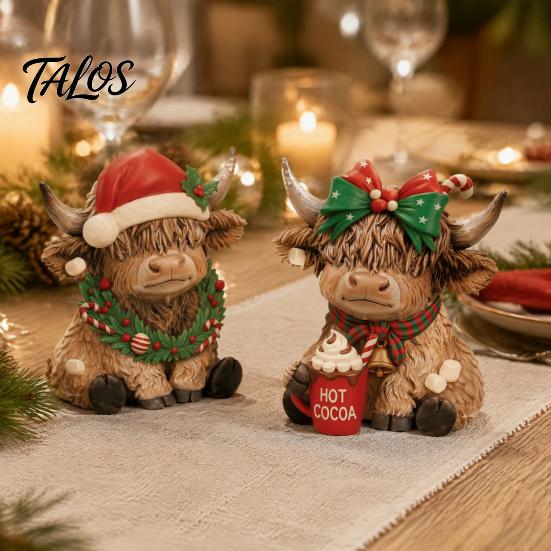 Indoor Holiday Scene Decorations 2/3Pcs Christmas Highland Cow Wooden Tabletop Sign, 2D Flat Yak Ornament Figurine with Garland Bow Hat, Festive