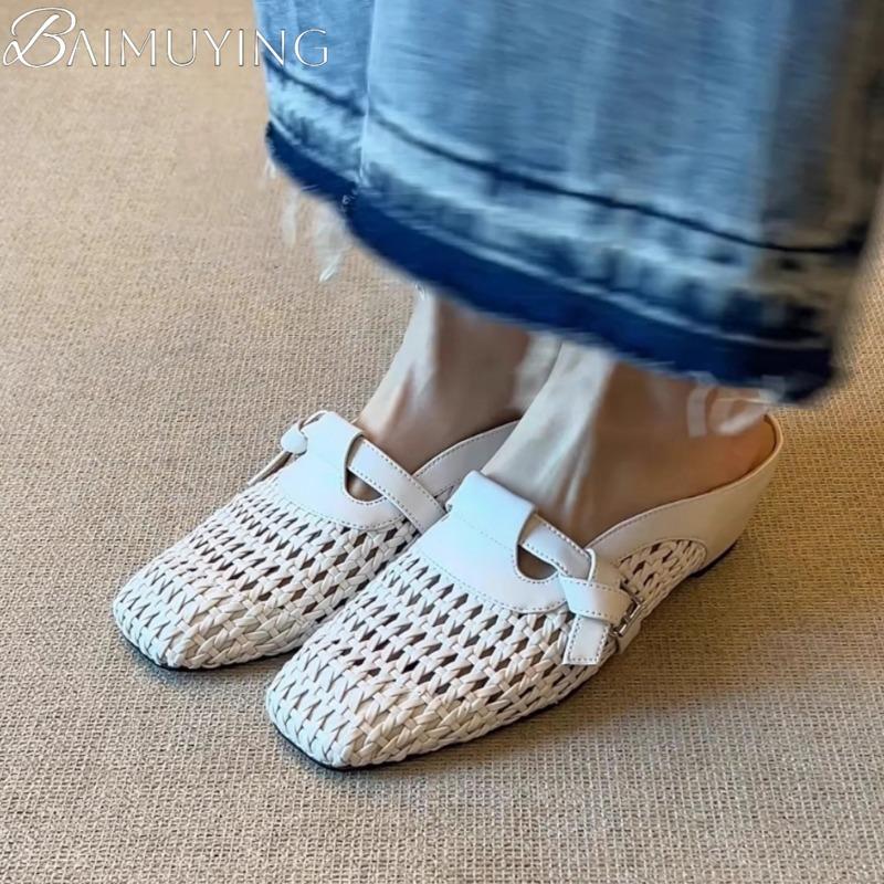 Fashion Weave Casual Mules Shoes Woman Summer Square Toe Slippers Women Flat Sandals 2025 Trend Comfort Slides Soft Leather Sandalias