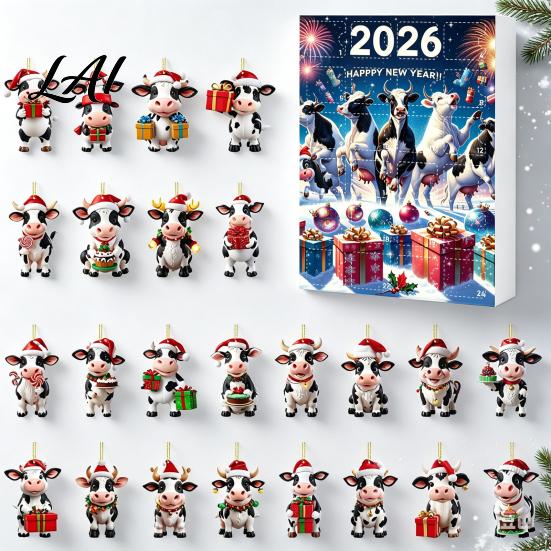 Creative Holiday Gift for Cow Lovers Christmas Ornament Advent Calendar 2026 24 Days 2D Acrylic Hanging Pendant Durable Decor Countdown Calendar Pcs