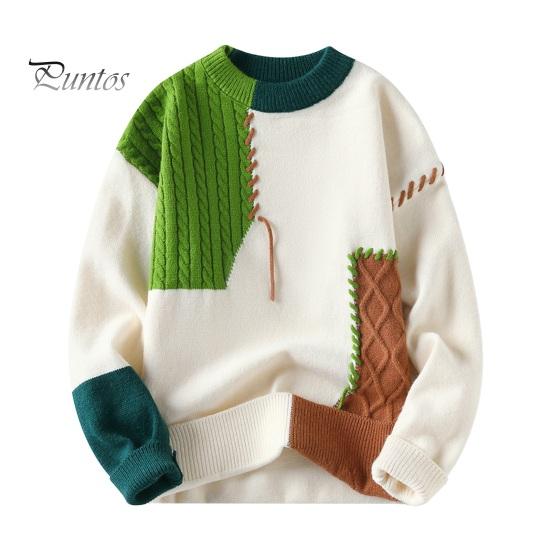 

Осень-зима мужской свитер с цветными блоками, срезами, с круглым вырезом, свободный вязаный пуловер, толстый теплый свитер с низом, повседневная одежда, работа, свидание, свитер XXXL зелёный