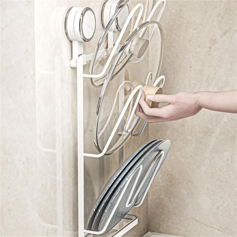 Easy Installation Suction Cup Cookware Lid Rack Wall Mounted Kitchen Storage Rack For Pots Pans Cutting Boards