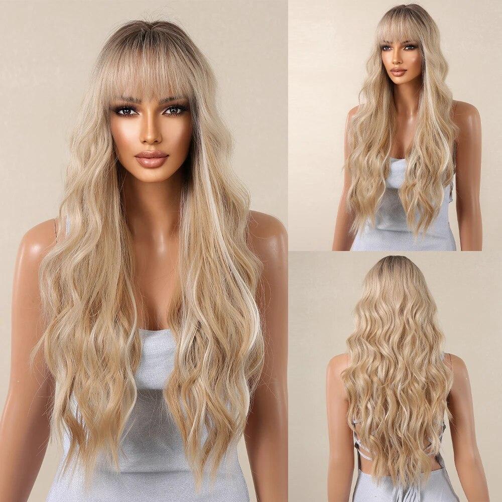 Long Wavy Platinum Synthetic Wigs for Women Afro Black To Blonde Daily Natural Hair Wigs With Bangs Heat Resistant Cosplay Wig