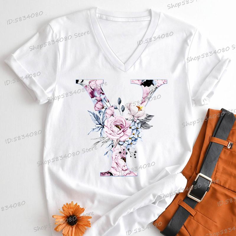 Watercolor Letter C Print Women Vneck Tshirts 26 Initials Flower Retro Classic Tops Alphabet Floral Womens Birthday Gift Tees