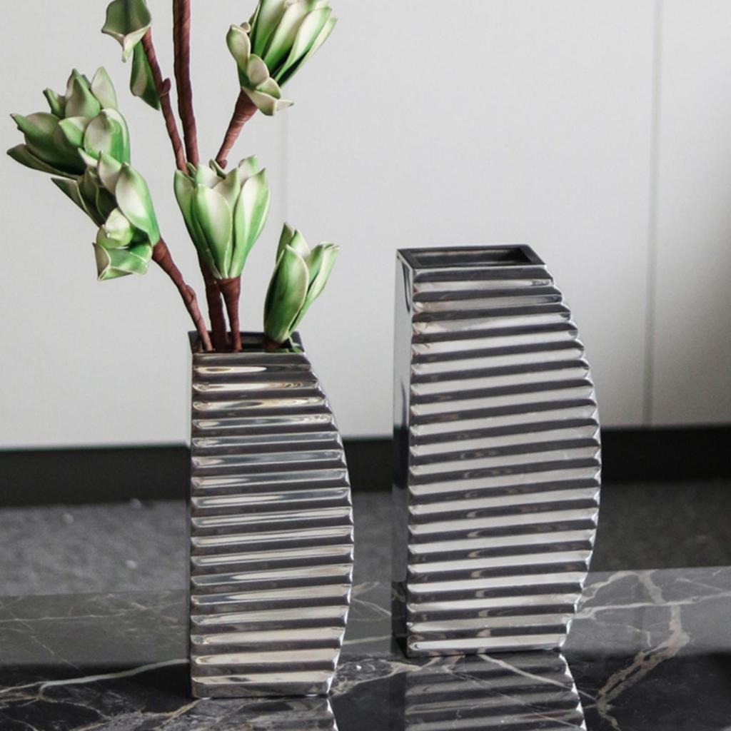 Silver Metal Decorative Vase Modern Faceted Ridged Sleek for Entryway