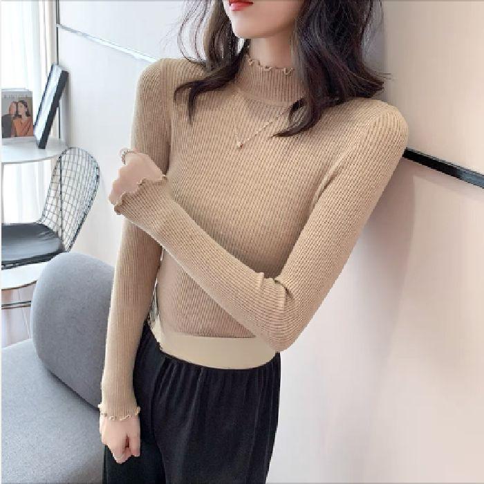 

A Semi-high-neck Solid Color Top, A Slimming Knitted Sweater with A Black Fungus Lace Collar, and A Base Layer for Women One Size хакі