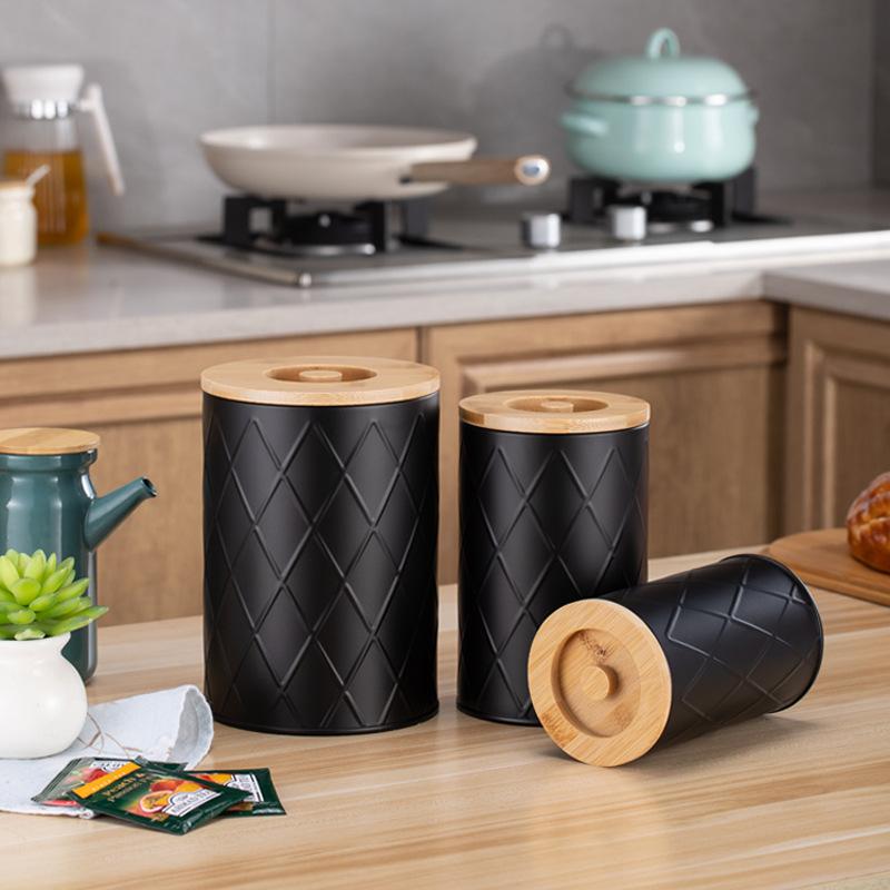 

Set Simple coffee bean tea sugar storage tank Kitchen bamboo cover sealed box Black reticulated tea bag Metal storage bucket
