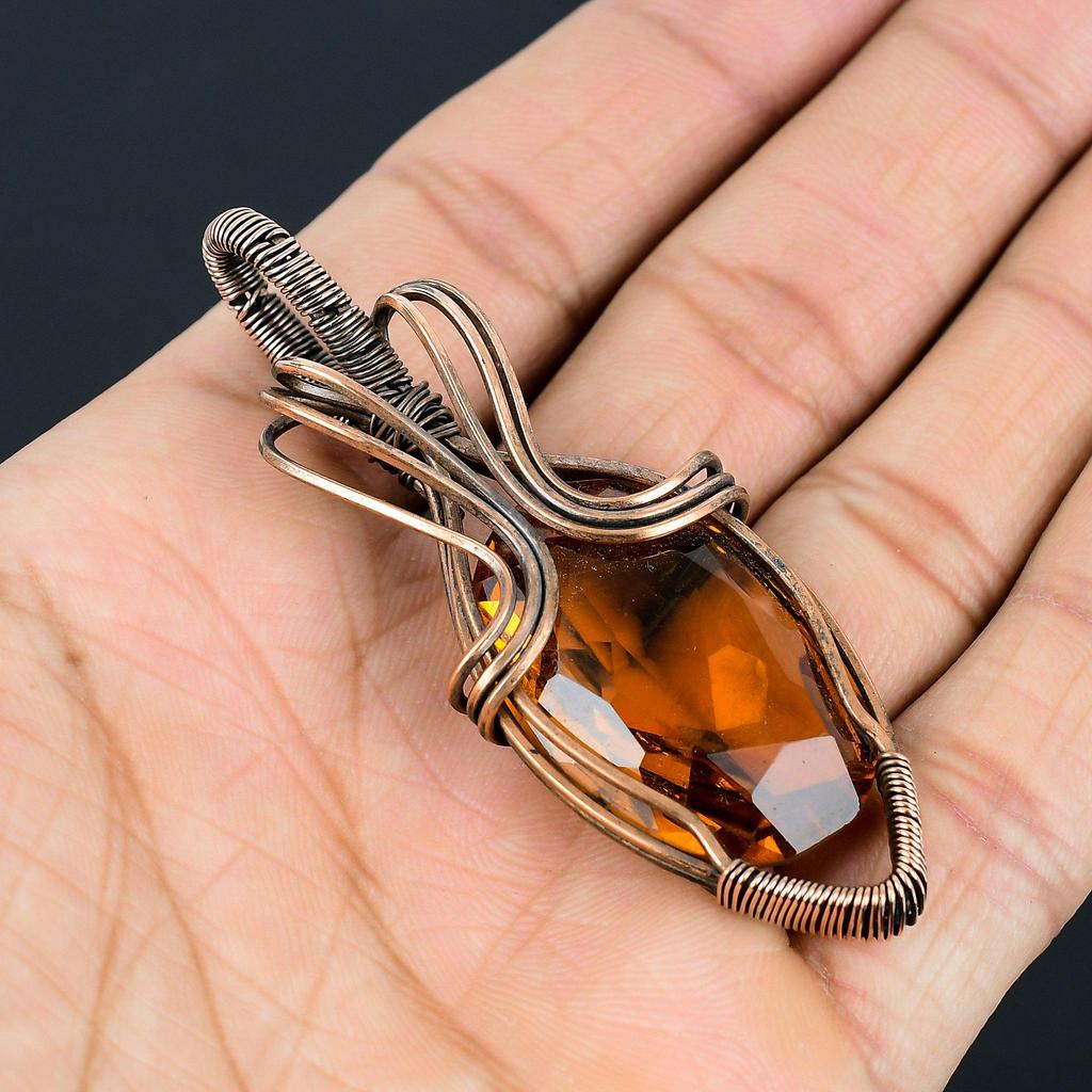 Honey Topaz Gemstone Handmade Pure Copper Wire Wrap Jewelry Pendant For Thanksgiving