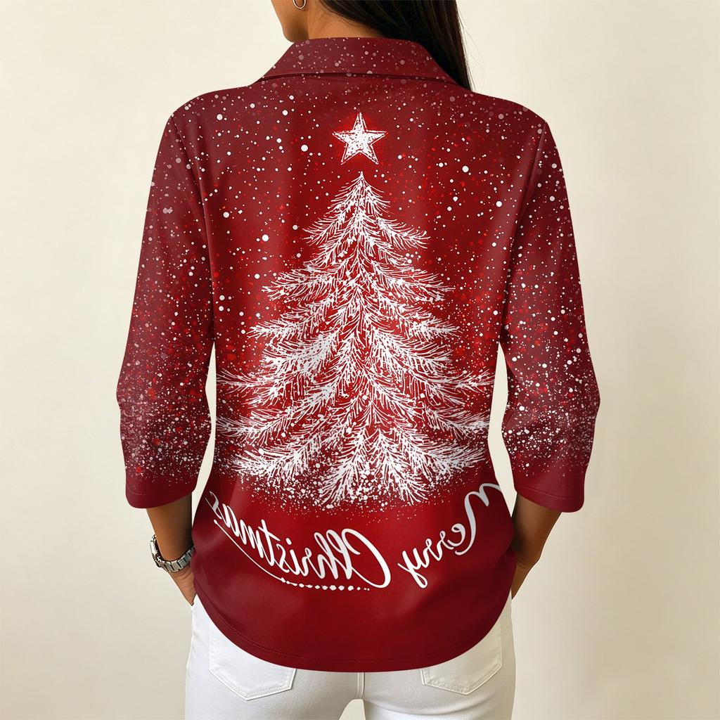 Women's Casual Christmas Print Button-Up Three-Quarter Sleeve Lapel Top