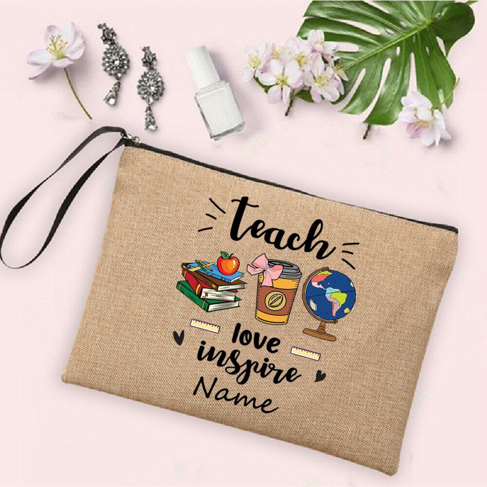 Rainbow Teacher Pencil Case Personalized Custom Name Linen Stationery Supplies Storage Bags Travel Neceser Makeup Bag Best Gifts