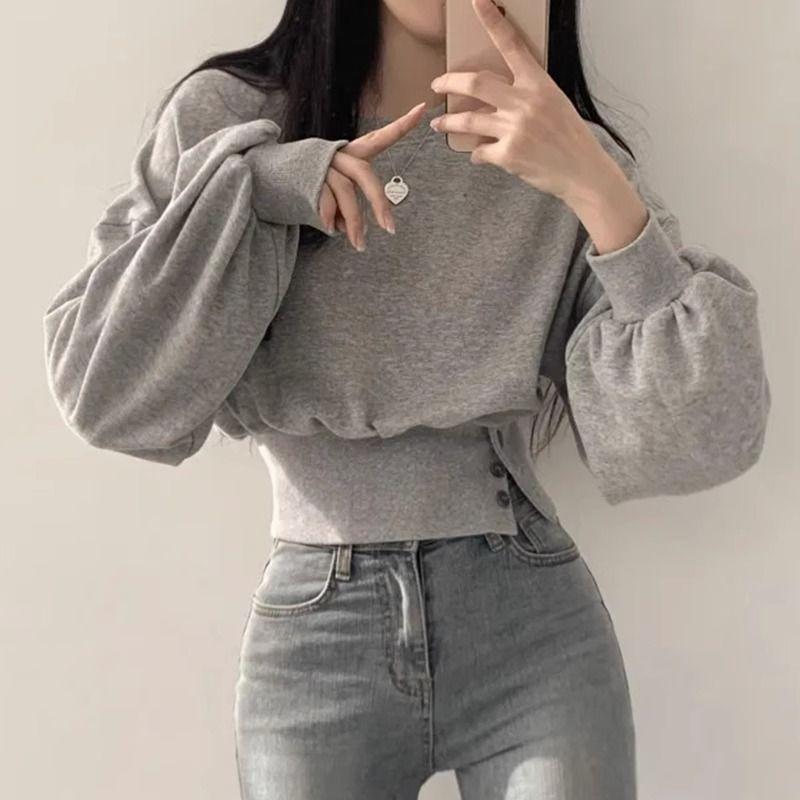 Korea Chic Autumn Niche Design Sense Round Neck Buckle Waist Slimming Long Sleeve Short Pullover Hoodie Top Female