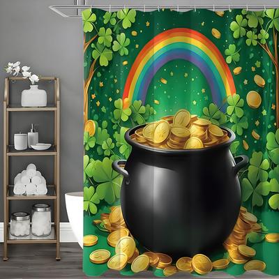 St. Patrick's Day Gold Coin Clover Rainbow Shower Curtain, Bathroom Decorative Shower Curtain, Waterproof Shower Curtain with Ho