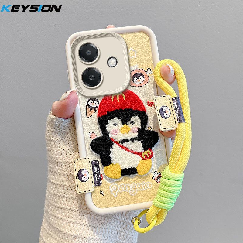 KEYSION Cartoon Cute Plush Embroidery Case for OPPO A5i with Lanyard Silicone Shockproof Phone Back Cover for OPPO A5i