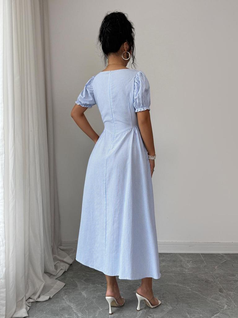 Elegant European-Style Puff Sleeve Striped Dress - Women's Spring/Summer 2026 Collection