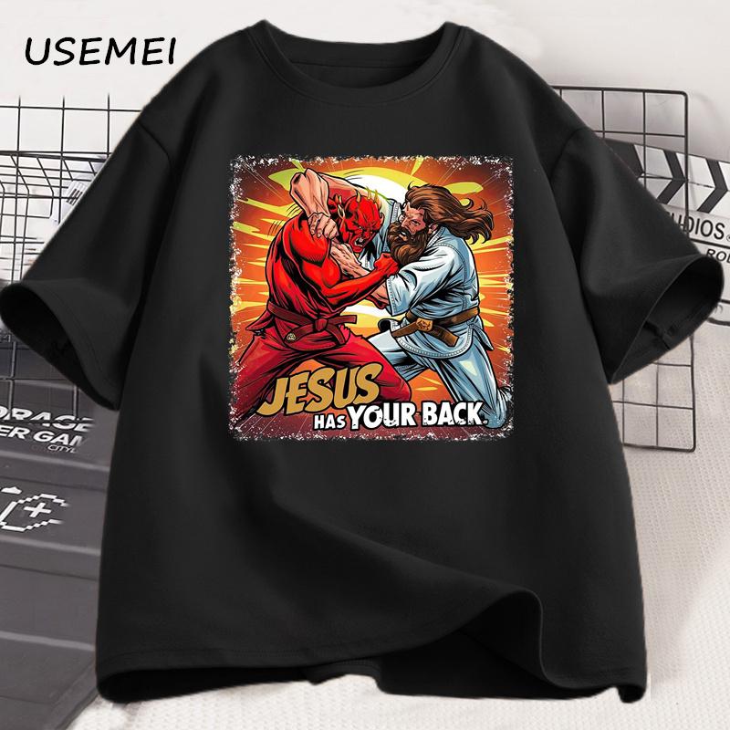 Ježíš ti kryje záda Jiu Jitsu Retro Křesťanské Tričko Pánské Bavlněné Tričko s Krátkým Rukávem Streetwear Unisex Oblečení Grafická Trička