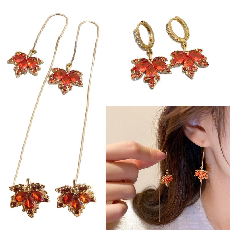 Elegant Red Crystal Maple Leaf Earrings Fashion Tassels Ear Ring Temperament Rhinestone Earwear Trendy Statement Pieces