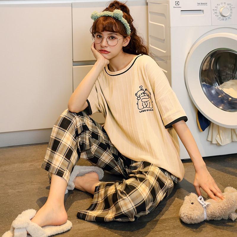 

Женская мода, пуловер с коротким рукавом и круглым вырезом, топ, клетчатые брюки, комплект, свободный удобный домашний наряд, одежда для сна, домашняя одежда, пижамы, 2 шт. M