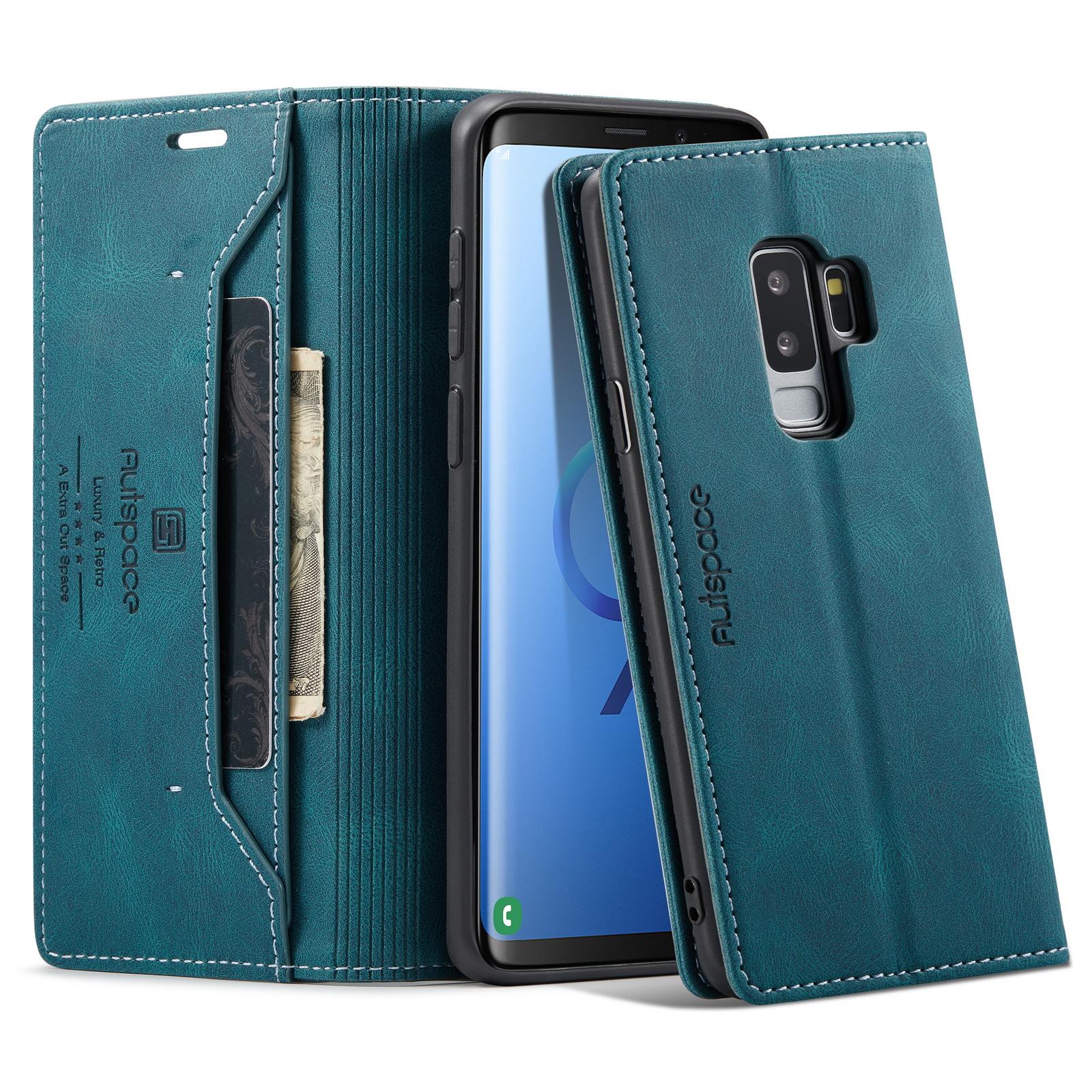 

For Samsung Galaxy S9+ Wallet Case AUTSPACE A01 Leather Stand Cover with RFID Blocking Card Holder Blue