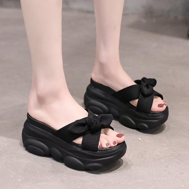 Thick-bottomed muffin slope heel slippers women's summer wear fashion bow cross versatile word sandals