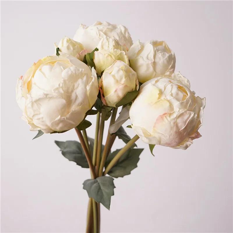 

Искусственный букет пионов ручной работы с обожженными краями, шелковые искусственные цветы, декор для офиса, имитация бутона пиона, красный цветок, настольный декоративный