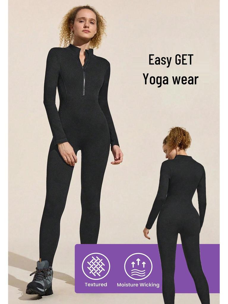 Cross-Border Yoga Bodysuit: High-Elastic, Hip-Lifting, Zipper Cardigan, Long Sleeve Fitness Wear
