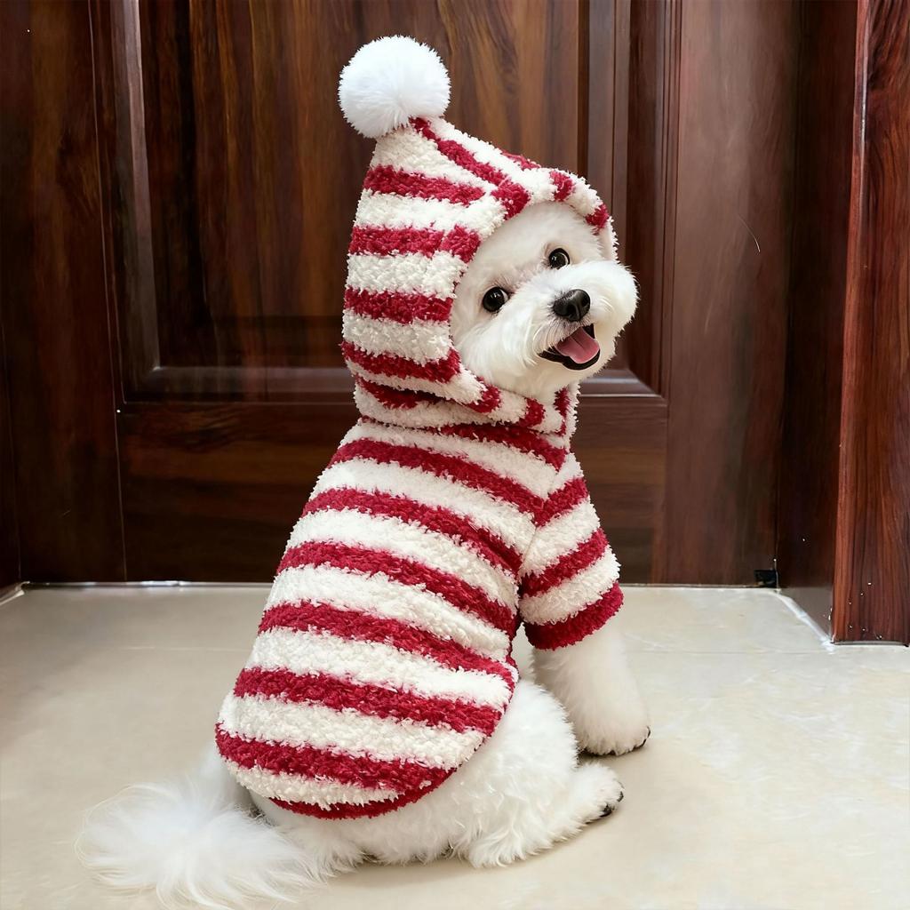 XS-XL Autumn Winter Pet Dog Warm Coats Red White Black Stripe Hoodie Dog Clothes for 0.5-7.5kg Small Medium Dogs