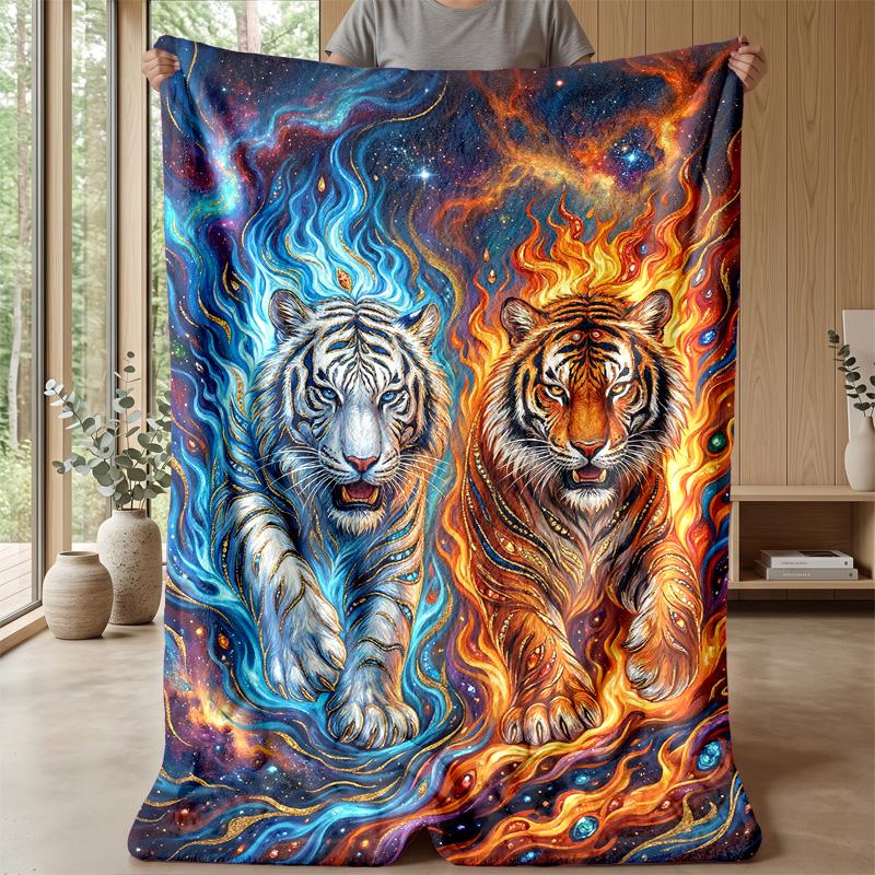 Tiger Fire and Ice Fantasy Theme Blanket Lightweight Warm Flannel Blanket Decorative Throw Blanket for Home Decoration