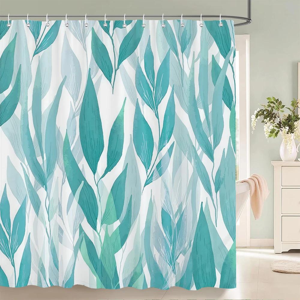 Green Plant Leaves Print Shower Curtains Watercolor Boho Floral Waterproof Morden Bathroom Bathtub Curtain Room Decor With Hooks