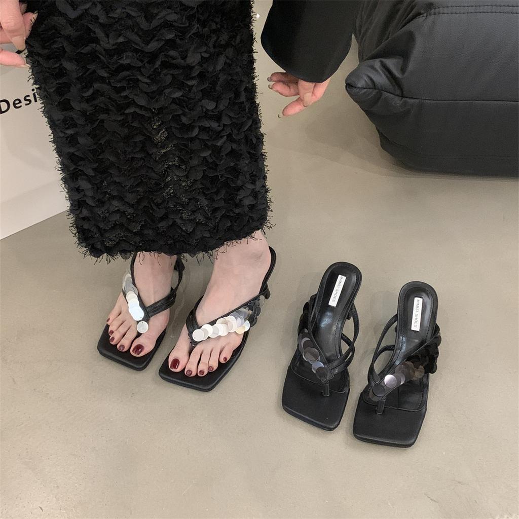 New French Stiletto Flip-flops for Summer 2024, Niche Design, Sequined High-heeled Sandals