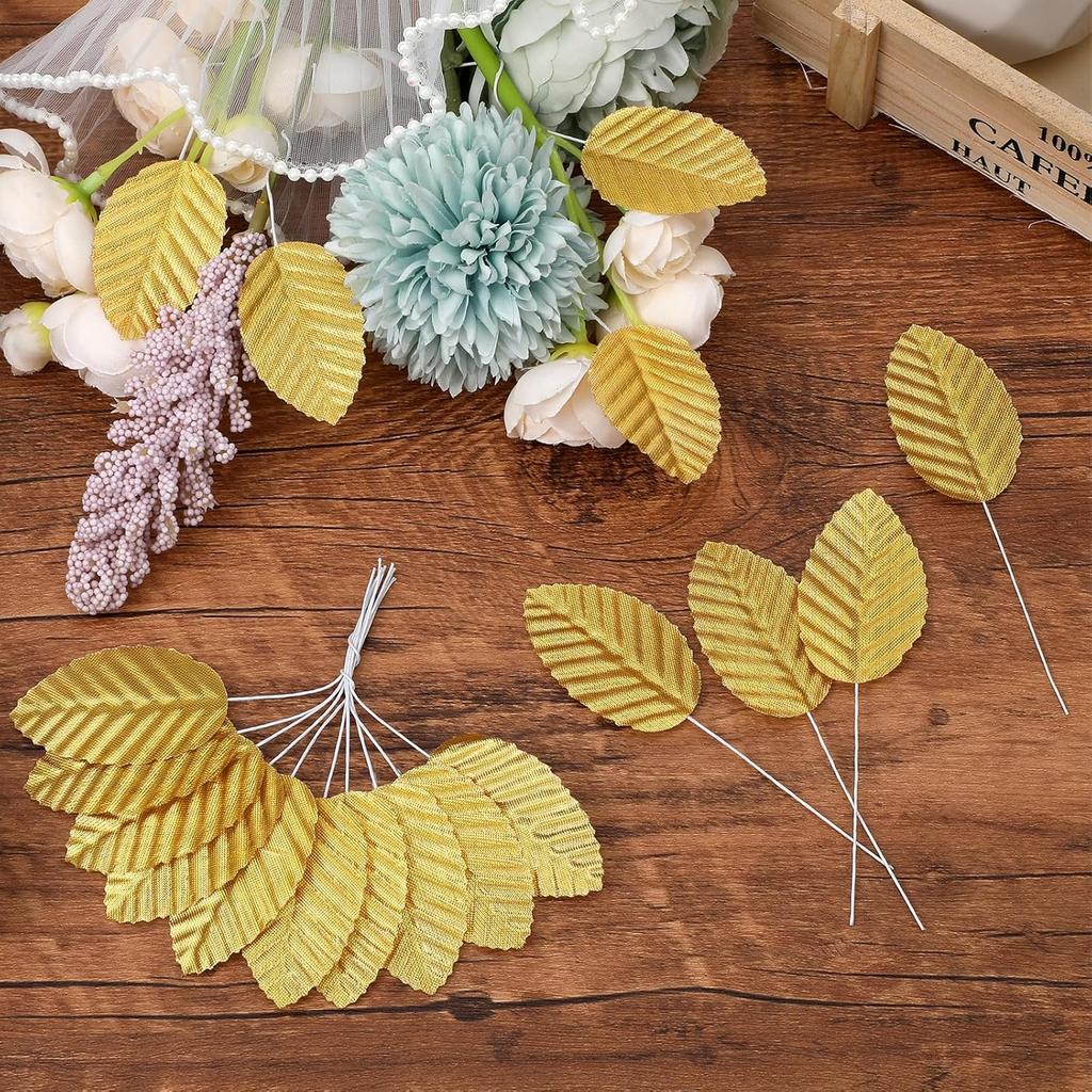 200pcs Gold Leaves Artificial Flowers,Artificial Silk Leaves, Fake Leaves with Stems Crafts Fake Faux Wired Single Leaf for DIY Crafts Floral