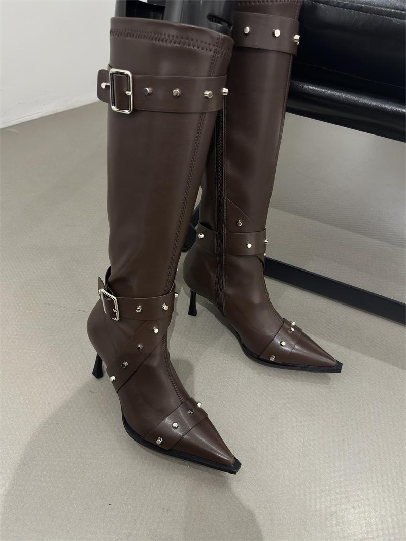 

модные сапоги до колена сапоги для женщин крутые металлические остроносые высокие каблуки модные сапоги в стиле вестерн женские заклепки пряжки сексуальные женские сапоги 35 темно-коричневого
