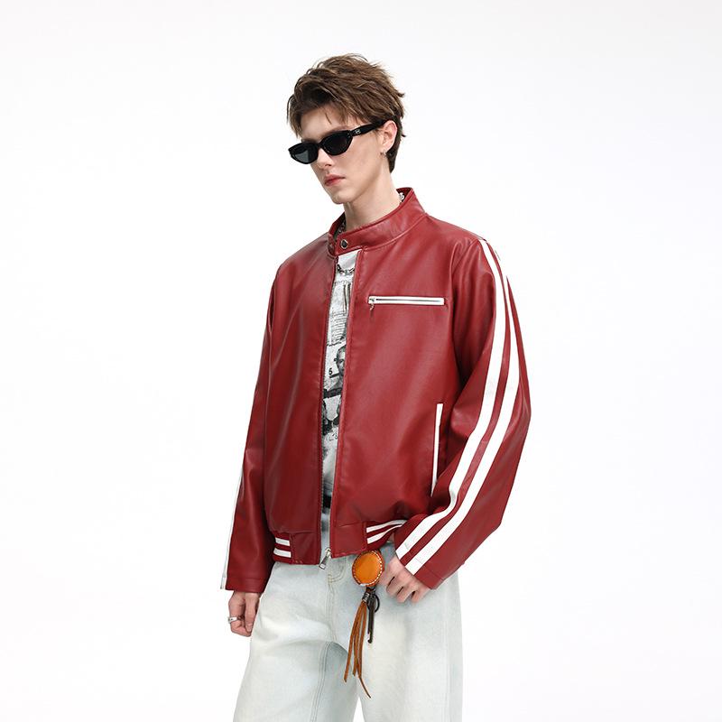 Herren Trendy Lederjacke mit Stehkragen - Lockere Passform, Lässig, Modisch, Bequemes Gewebe mit Schlichtem Linienmuster.