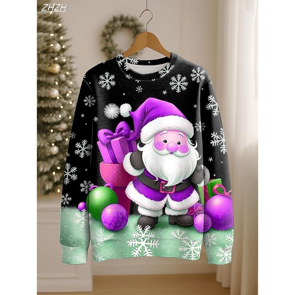 Women's Christmas Santa Print Sweatshirt, Festive Pullover Crewneck, Long Sleeve Holiday Top