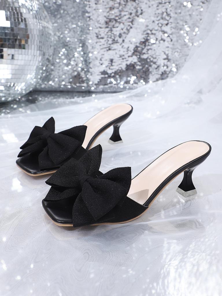 New Square Toe Open Toe Design Slim Heel Outside Slippers 2025 Summer New Bow Non-slip High Heel Cool Mopping Plus Size 36-43