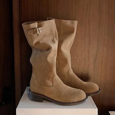 Maillard Round Head Buckle Buckle Heel Knee Boots Pile Knight Boots