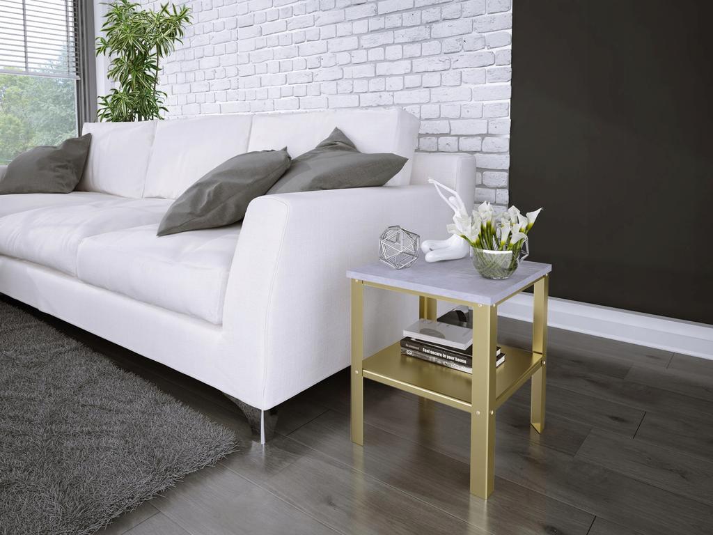 Stolik Nocny Skręcany Z Półką Loft Sypialnia 40X40X45 Złoty+Beton Jasny