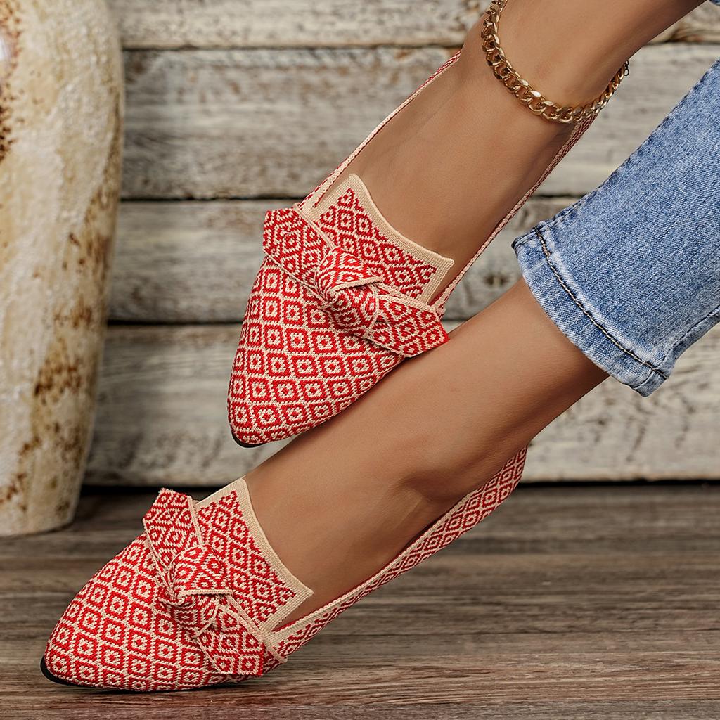 Fashion Women Flats Spring Large Size Walking Sneakers Women Pointed Toe Low-top Bow Loafers Fashion Printed Knitted Flat Shoes Women