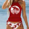 Women's Halter Blue Coconut Tree Print Bikini Tankini Swimsuit