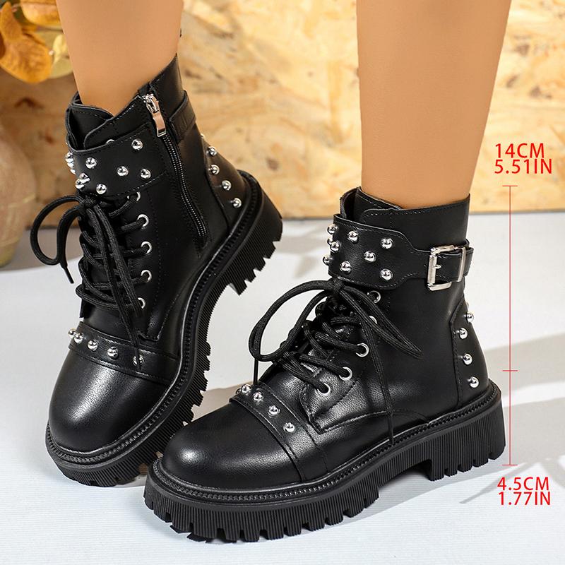 Fashion Punk Style Rivet Decor Black Combat Boots Women PU Leather Platform Ankle Boots Woman Fashion Buckle Strap Motorcycle Booties