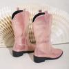Fashion Pink Embroider Cowboy Boots for Women 2025 Autumn Winter Chunky Heels Mid Calf Western Knight Boots Woman Pointed Toe Tube Botas