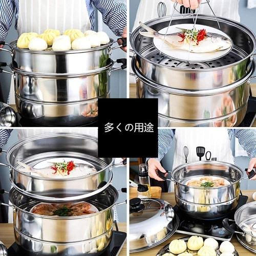 Steamer, 32cm, 2-Tier, 3-Tier, 3-Layer Bottom, Stainless Steel Lid, Compatible with Induction Cooking and Various Heat Sources
