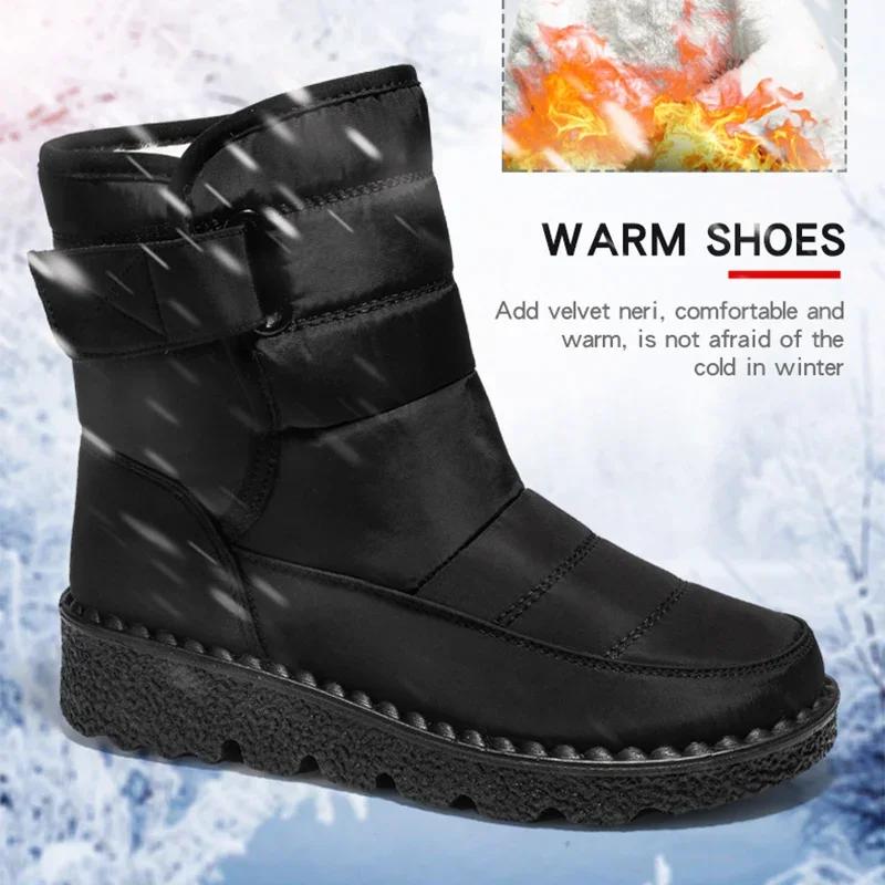 Fashion Snow Boots for Women's Thicken Plush Cotton Boots Winter Thick Platform Waterproof Warm Booties Hook Loop Plus Size Ladies Shoes