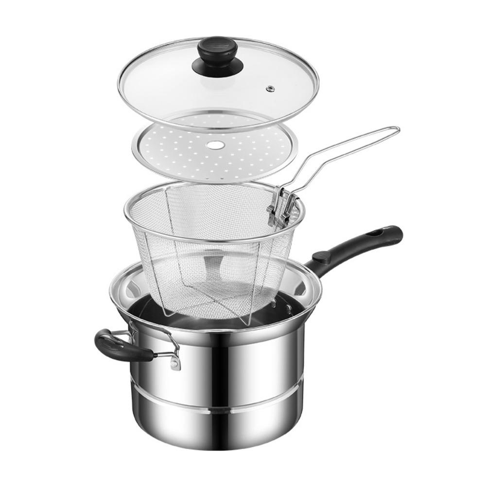 Household Stainless Steel Deep Fryer Pot with Frying Basket and Steamer Visible Lid Pasta Pot Japanese Stockpot Tempura