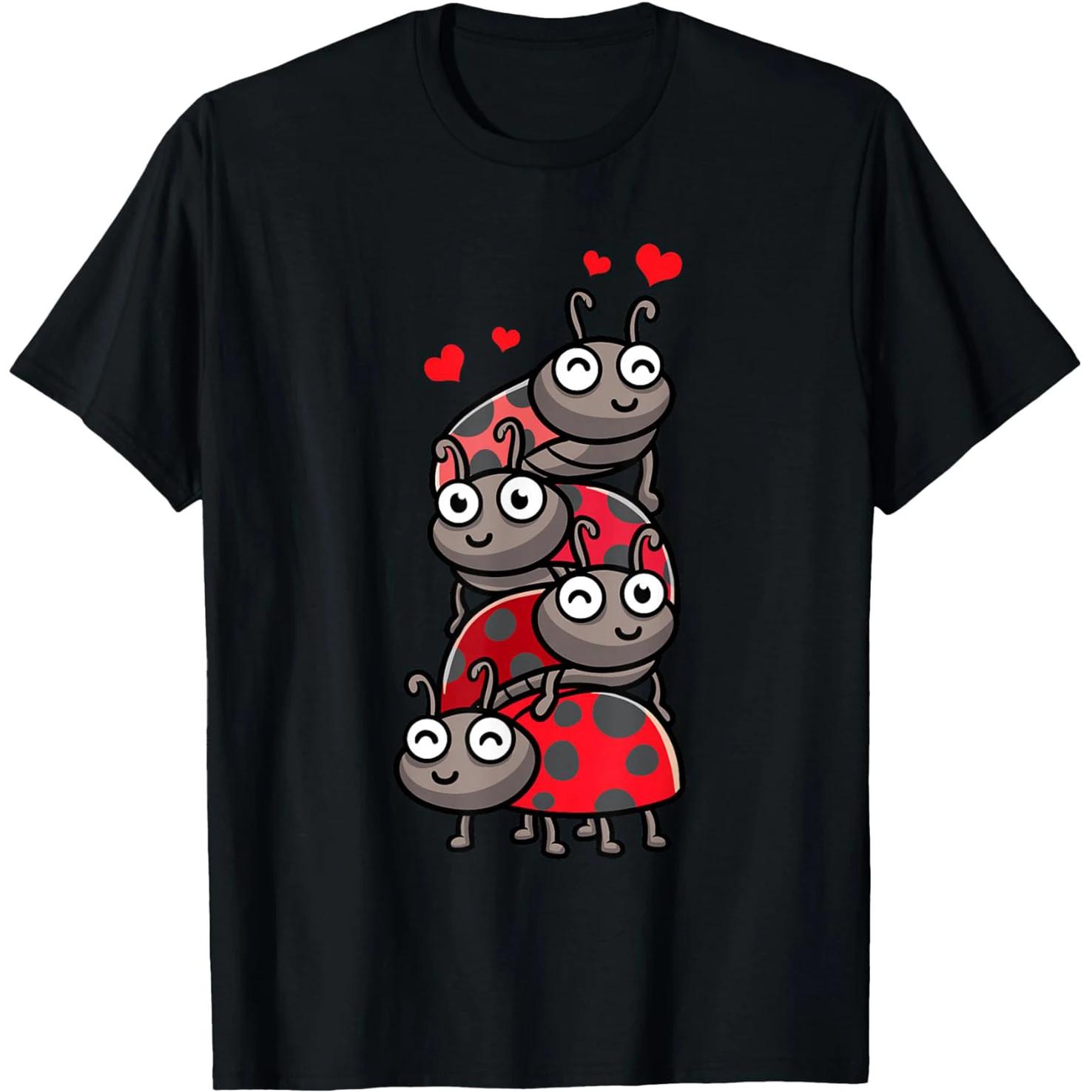

Cute Stacked Ladybugs Love Hearts Graphic T Shirt Soft Cotton Unisex Streetwear S