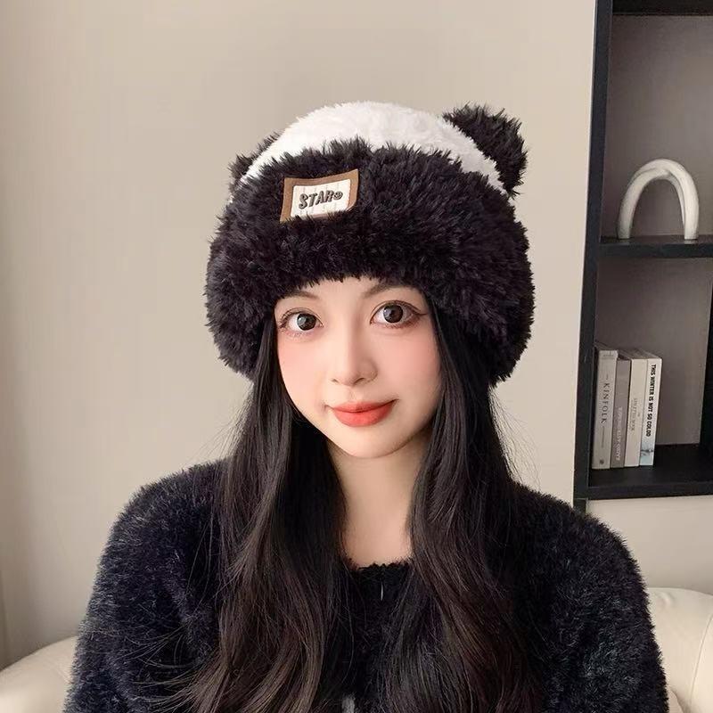 Autumn and winter warm bear hat women's new sticker letter plush knitted hat thickened cold-proof plush hat ear protection hat