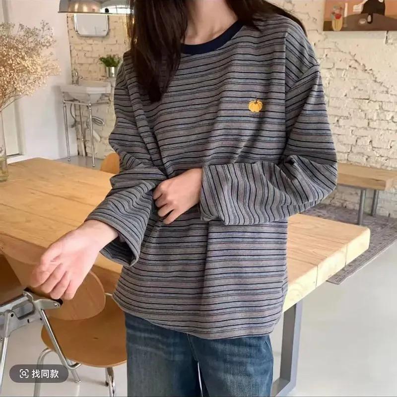 

Eye-catching Pumpkin Embroidery Long-sleeved Women s Autumn and Winter Soft and Waxy Pure Cotton Retro Striped 2XL чорний