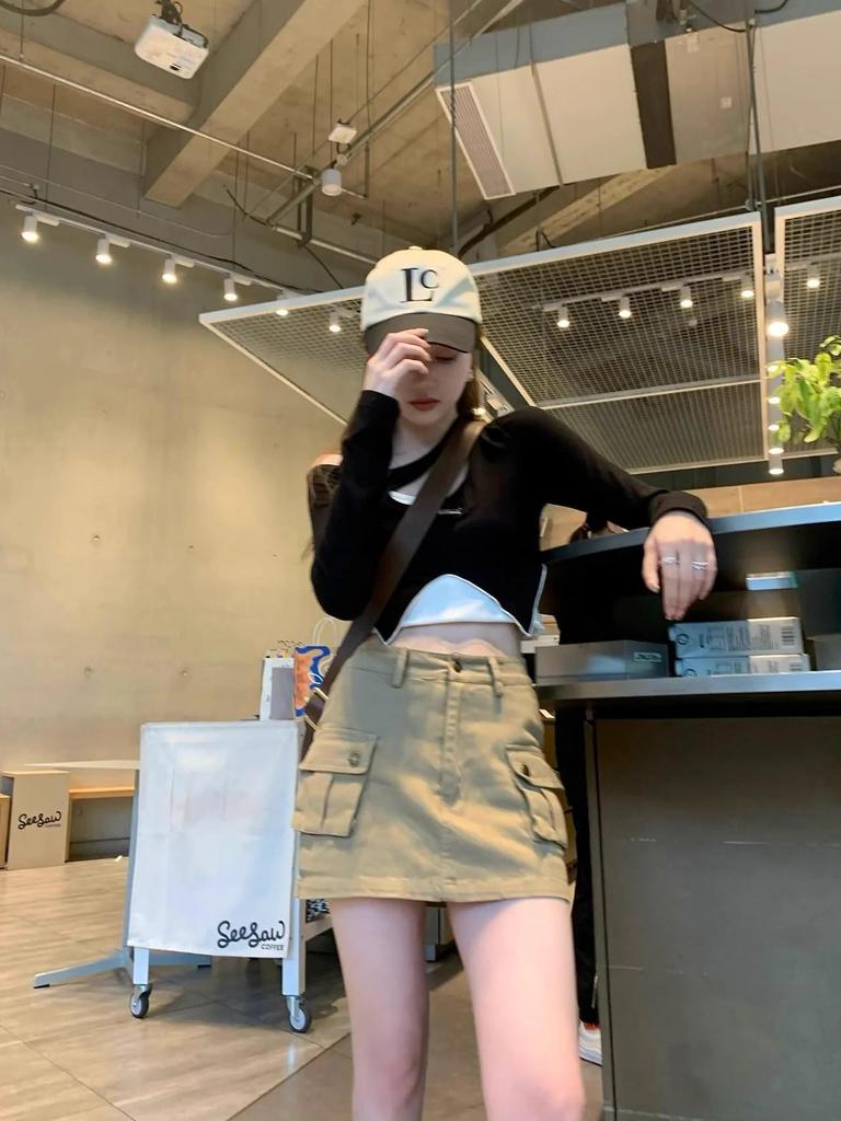 Khaki A-line Workwear Mini Denim Skirt - Spicy Girl Women's Sexy Summer Bodycon Skirt with Pockets