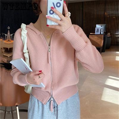 Women's Hooded Short Knitted Cardigan Spring and Autumn New Style Loose Double Zipper Knitted Sweater